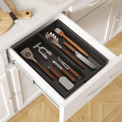 Lifewit Utensil Organizer for Kitchen Drawer, Expandable Cooking Silverware Tray, Adjustable Cutlery Flatware Holder, Plastic Spatula Tools Storage Divider, 14.4 x 15.8", Black