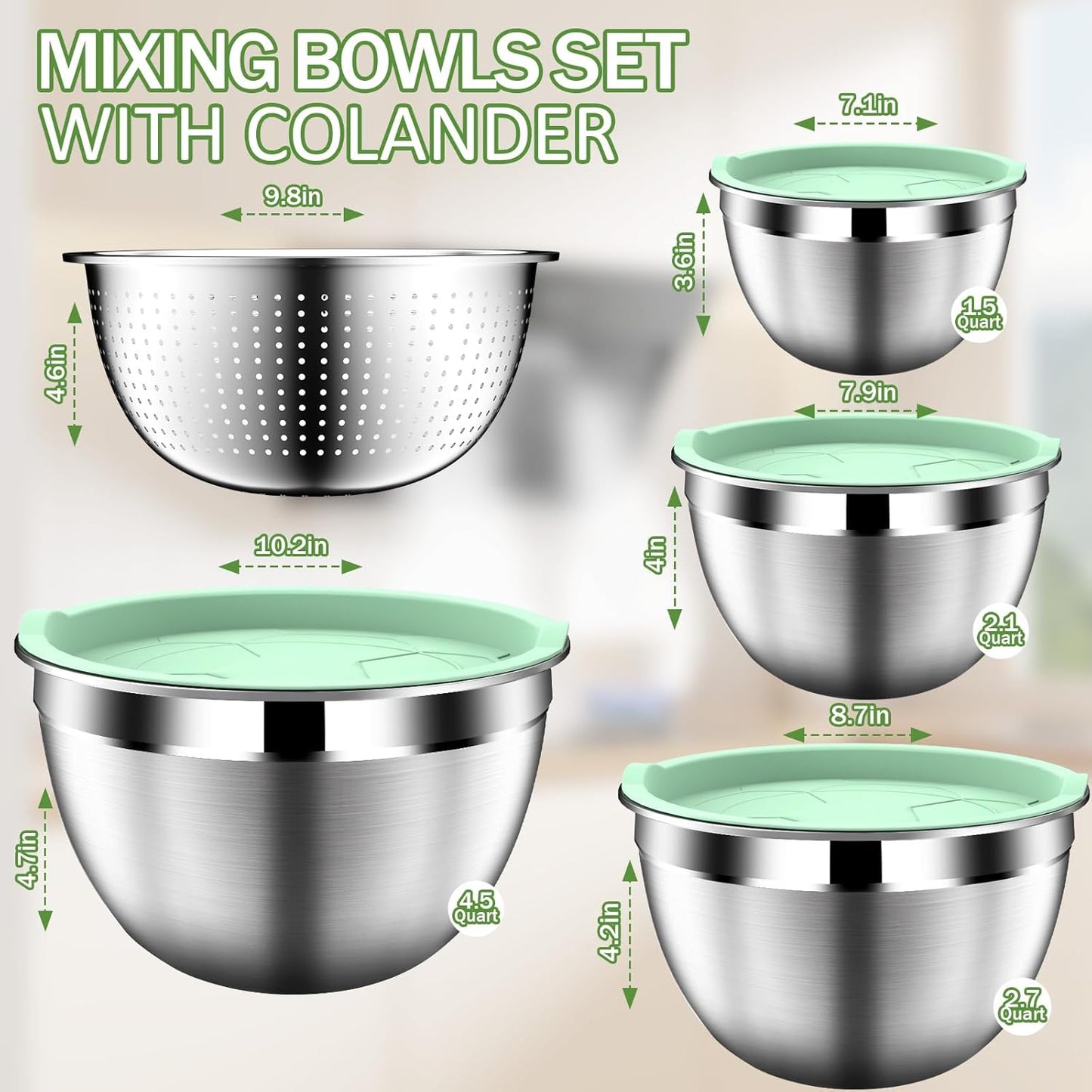 DUTZUN Mixing Bowls with Lids Set, Stainless Steel Mixing Bowls with Colander, Strainer with Mixing Bowl Set, Serving Bowl Kitchen Gift, Size 4.5, 2.5, 2, 1.5QT - Black