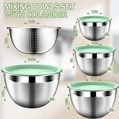 DUTZUN Mixing Bowls with Lids Set, Stainless Steel Mixing Bowls with Colander, Strainer with Mixing Bowl Set, Serving Bowl Kitchen Gift, Size 4.5, 2.5, 2, 1.5QT - Black