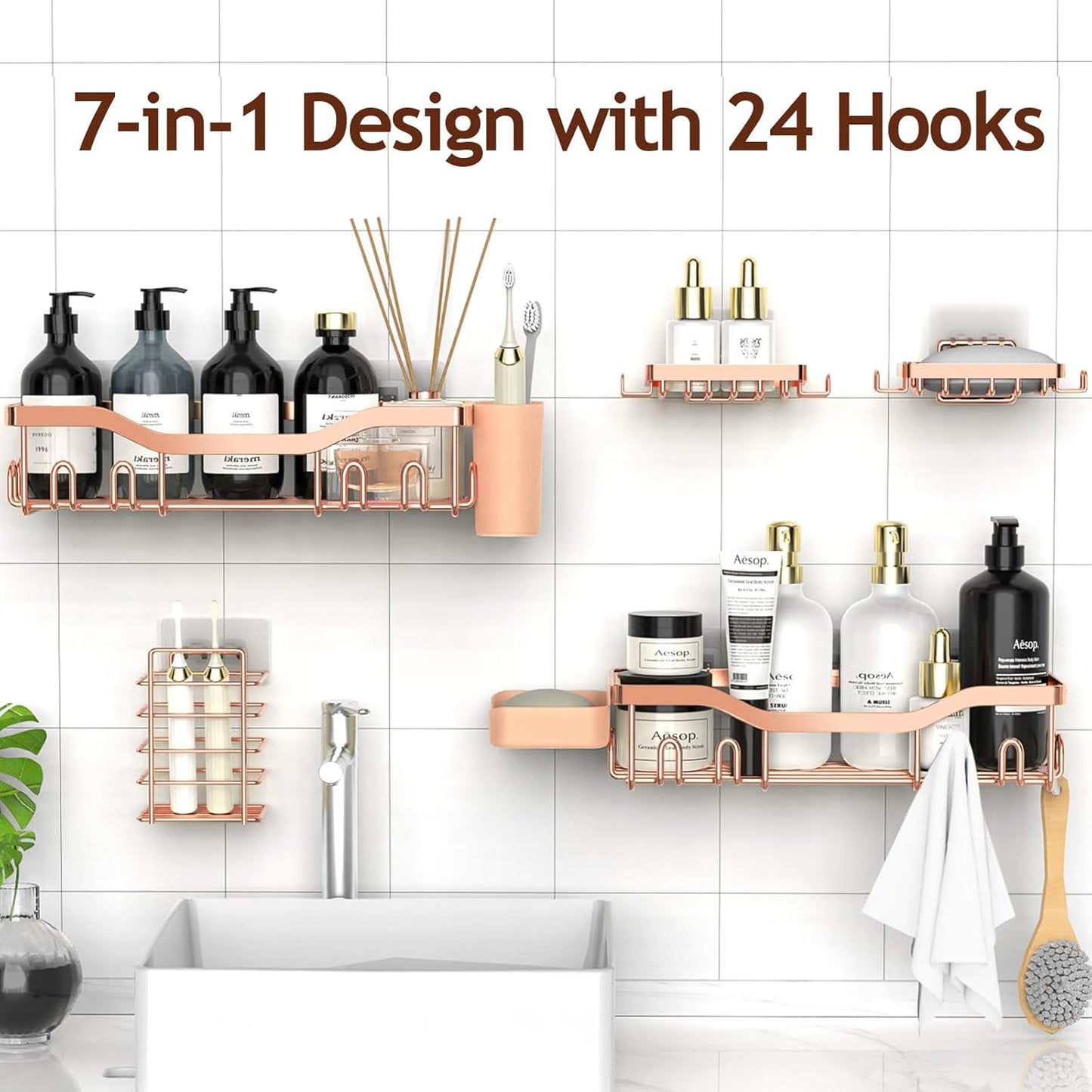 NESOMI Shower Caddy Adhesive Shower Organizer 7-Pack, Rustproof Stainless Steel Bathroom Shelves, Large Capacity No-Drill Rack Storage Accessories with Soap Dish Toothbrush Holder &24 Hooks Home Decor
