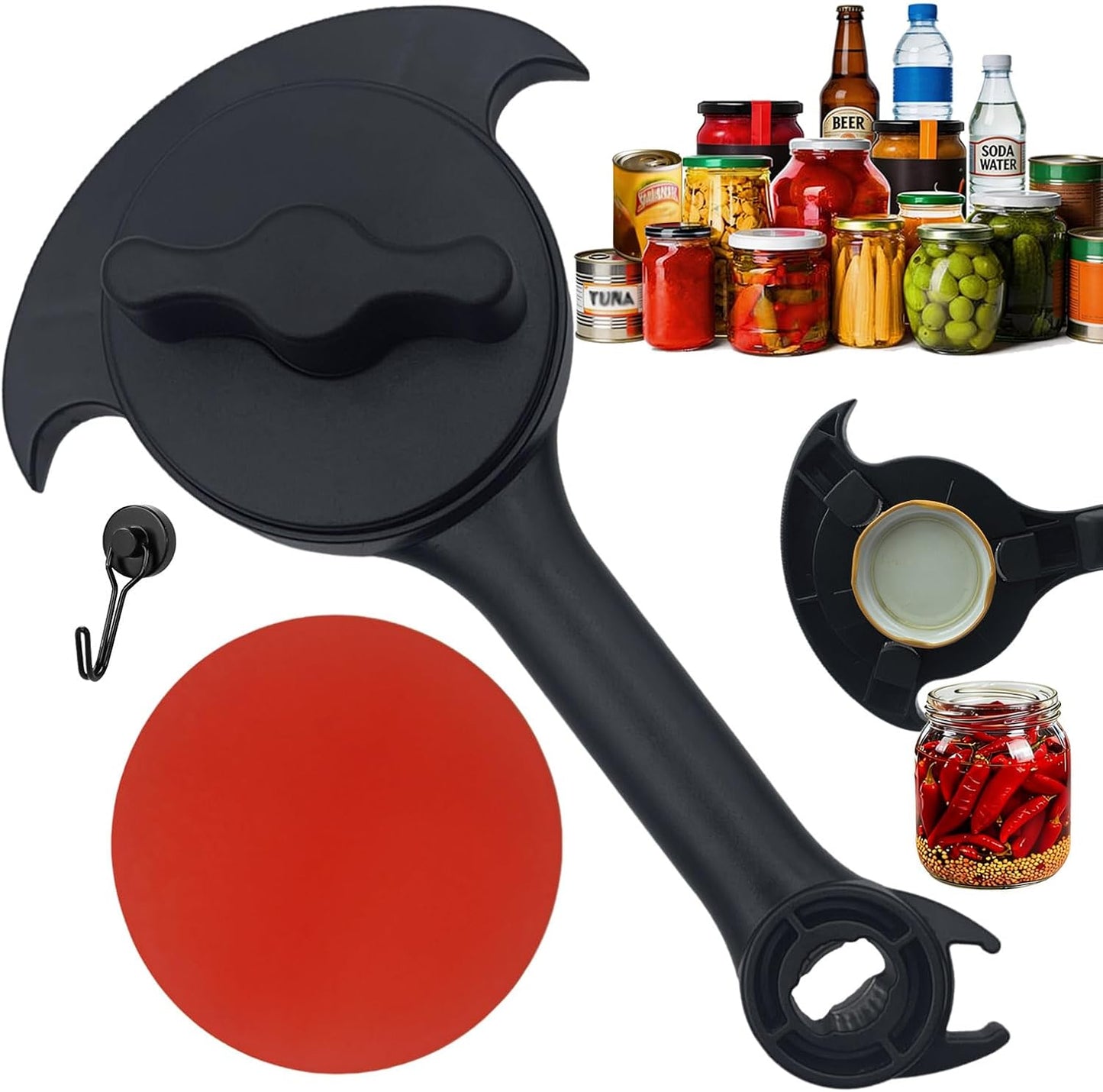 4-in-1 Jar Opener, Adjustable Jar Opener for Seniors, Kitchen Tool Designed Specifically for Seniors and Those with Limited Physical Strength, Suitable For Beer, Salad Dressing, Jar (Black)