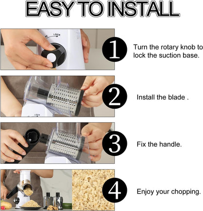 Ourokhome Rotary Cheese Grater Hand Crank, Kitchen Shredder Speed Mandolin Slicer Nut Grinder with Handle and Drum Blades for Cheese, Vegetable, Walnut, Chocolate, Potato, Carrot, 3 Blades, Dark Blue