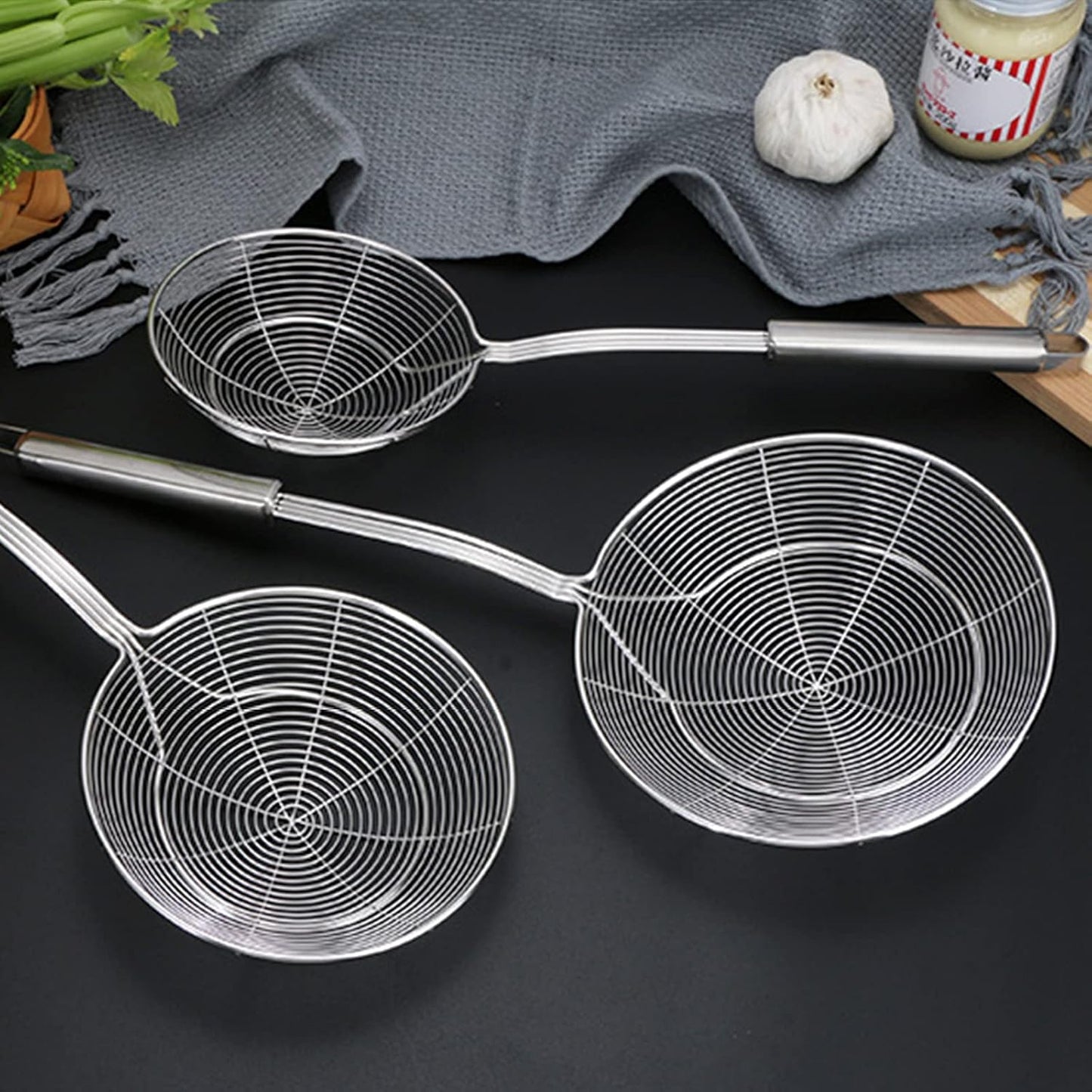 Tenta tenta kitchen Solid Stainless Steel Spider Strainer Skimmer Ladle for Cooking and Frying, Kitchen Utensils Wire Strainer Pasta Strainer Spoon Hot Pot Fat Skimmer Spoon Set of 3