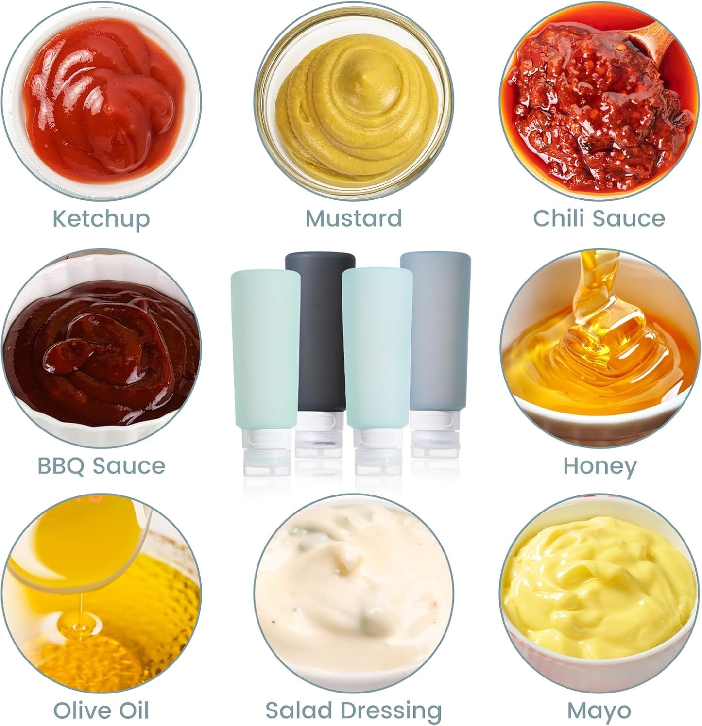 MICEBAY Condiment Squeeze Bottles for Sauces, 2-oz Mini Silicone Salad Dressing Container to Go with Reusable Sandwich Bag, Leakproof Ketchup Bottle for Bento Lunch Box, 4 Pack, Candies