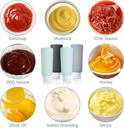MICEBAY Condiment Squeeze Bottles for Sauces, 2-oz Mini Silicone Salad Dressing Container to Go with Reusable Sandwich Bag, Leakproof Ketchup Bottle for Bento Lunch Box, 4 Pack, Candies