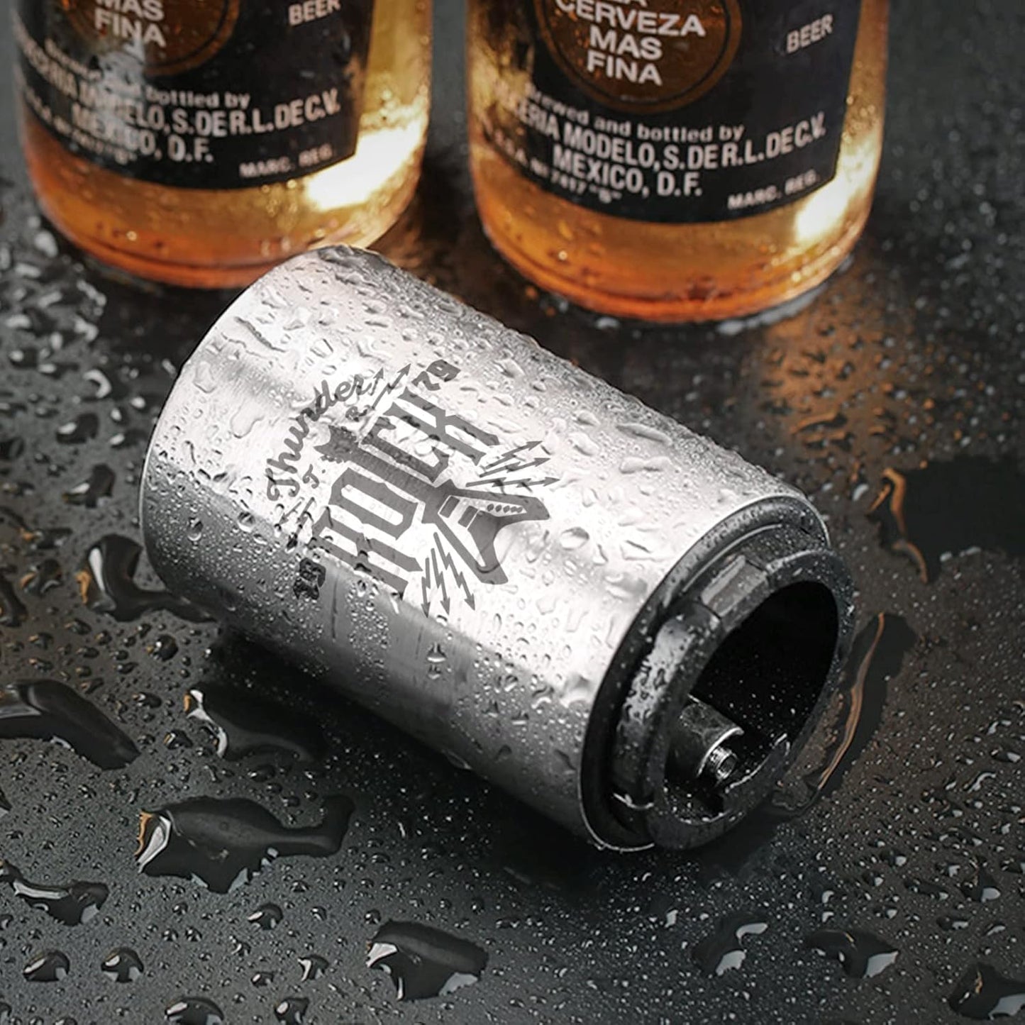 2PCS Beer Bottle Opener with Magnetic Cap, Automatic Stainless Steel One-Handed Bottle Cap Opener, Spring Loaded Push&Pop for Kitchen Home Bar Restaurant Household Utensils Destapador de Cerveza