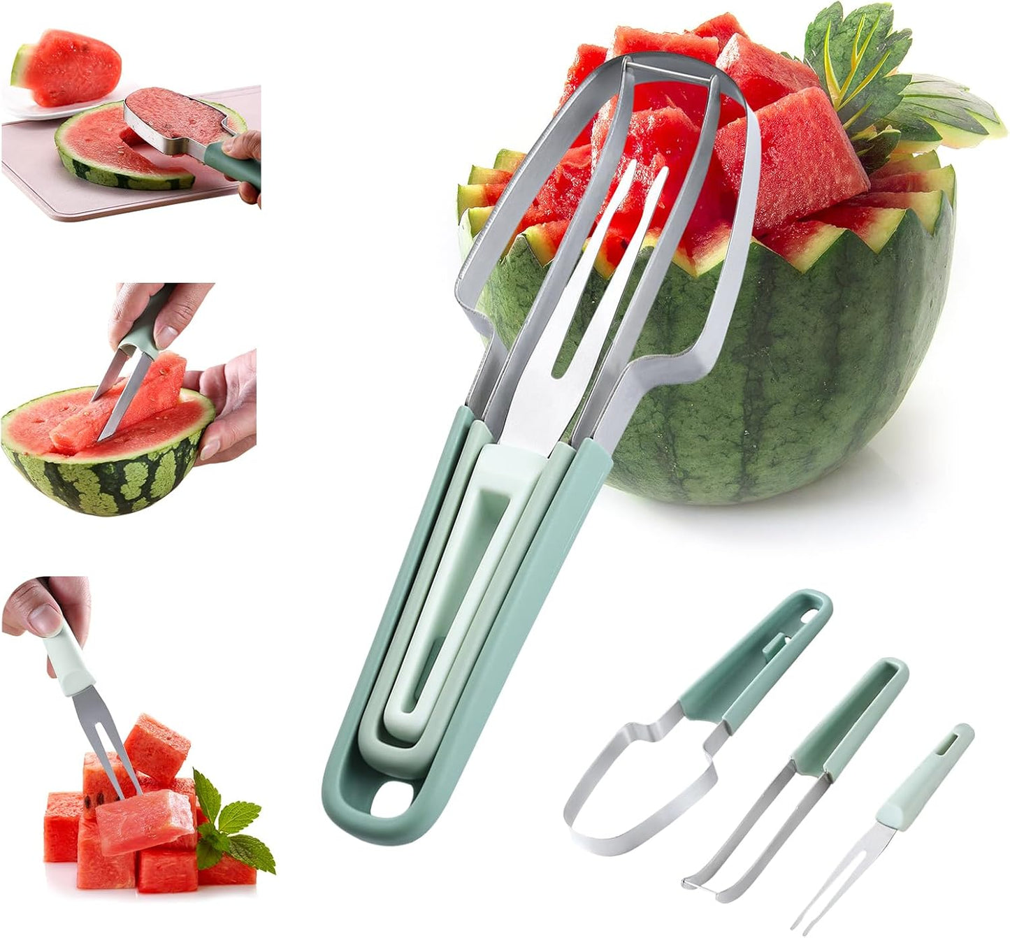 6-in-1 Melon Fork Slicer Cutter, Melon Baller Scoop Set, Watermelon Slicer Tool, Stainless Steel Fruit Cutter, Seed Remover, Fruit Fork for Camping Kitchen Gadgets (6-in-1-blue)