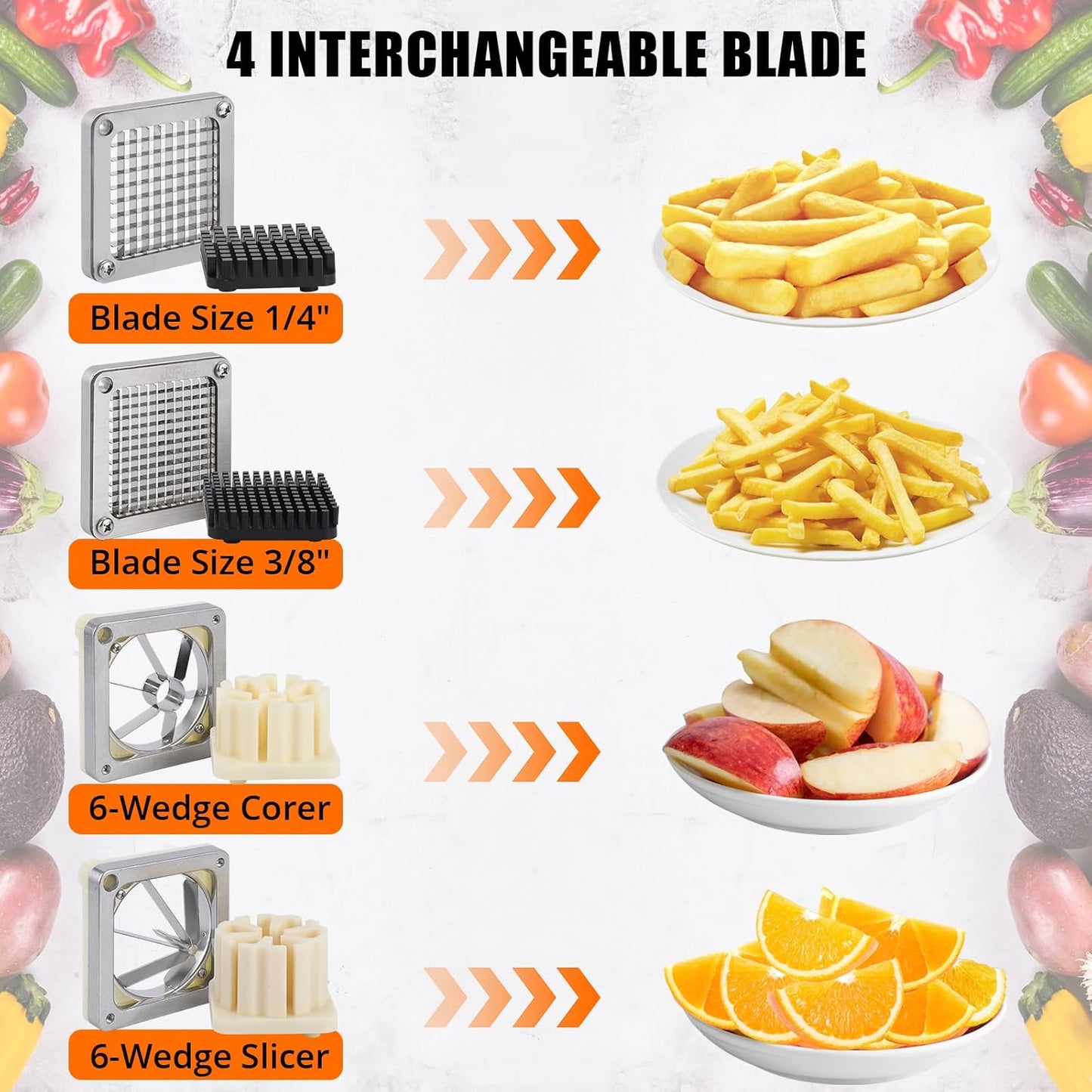 Commercial Vegetable Fruit Chopper, Stainless Steel French Fry Cutter with 4 Replacement Blades, Heavy Duty Vegetable Chopper Dicer for Potato Onion Carrot Cucumber