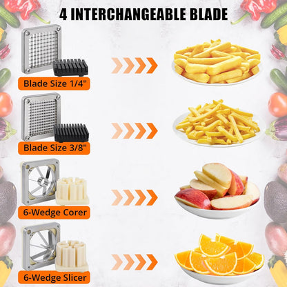 Commercial Vegetable Fruit Chopper, Stainless Steel French Fry Cutter with 4 Replacement Blades, Heavy Duty Vegetable Chopper Dicer for Potato Onion Carrot Cucumber