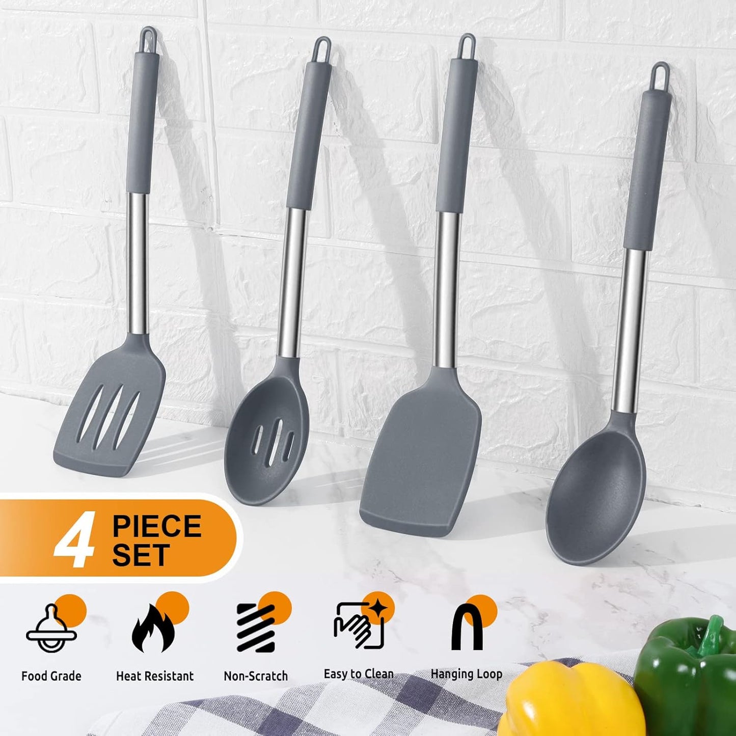 E-far Cooking Utensils Set of 4, Silicone Kitchen Utensils for Non-stick Cookware, Heat Resistant & Non-toxic Slotted Spatula Solid Spoon Turner for Flipping Mixing Serving Basting(Black)