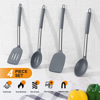 E-far Cooking Utensils Set of 4, Silicone Kitchen Utensils for Non-stick Cookware, Heat Resistant & Non-toxic Slotted Spatula Solid Spoon Turner for Flipping Mixing Serving Basting(Black)