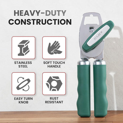 Zulay Kitchen Heavy Duty Stainless Steel Can Opener Manual with Bottle Opener - Rust Proof Manual Can Opener With Turn Knob & Comfy Soft Grip Handles - Black - Colors B
