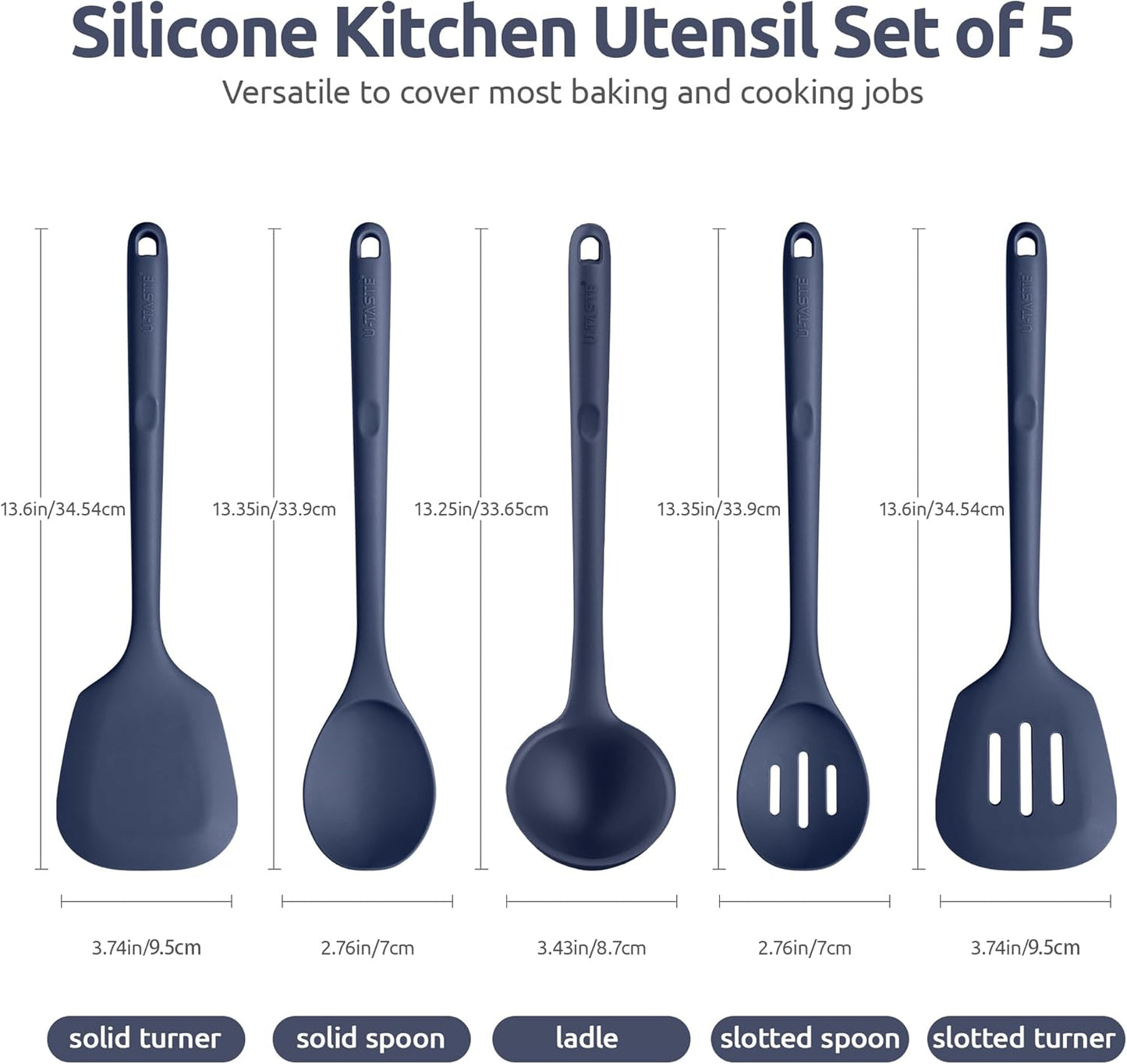 Silicone Kitchen Cooking Utensil Set: U-Taste High Heat Resistant 13.6in Long Kitchen Gadgets, BPA Free Non Stick Rubber Cook Accessories For Stir Frying, Serving, Basting, Mixing (5 Pieces, Black)