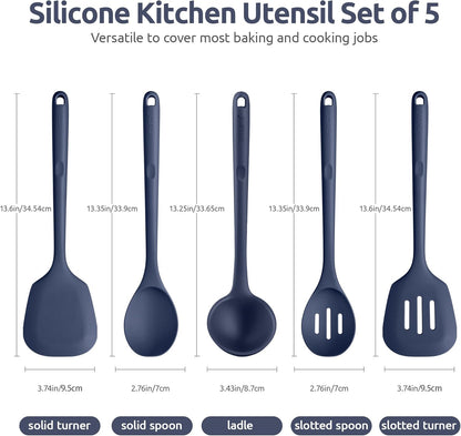 Silicone Kitchen Cooking Utensil Set: U-Taste High Heat Resistant 13.6in Long Kitchen Gadgets, BPA Free Non Stick Rubber Cook Accessories For Stir Frying, Serving, Basting, Mixing (5 Pieces, Black)