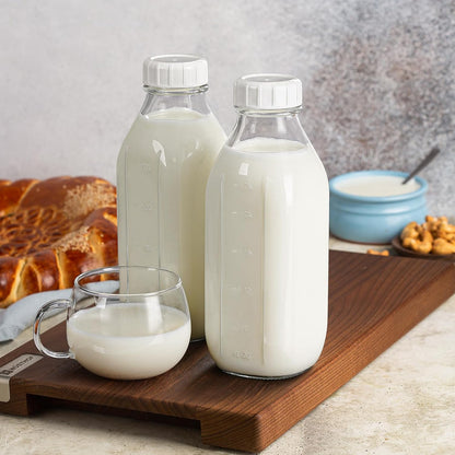 32 oz Reusable Glass Milk Bottles with Silicone Dispenser Cap, 2 Pack Glass Jars with Airtight Screw Lid, Leak Proof Juice Bottles with Scale Mark Breastmilk Storage Container for Fridge