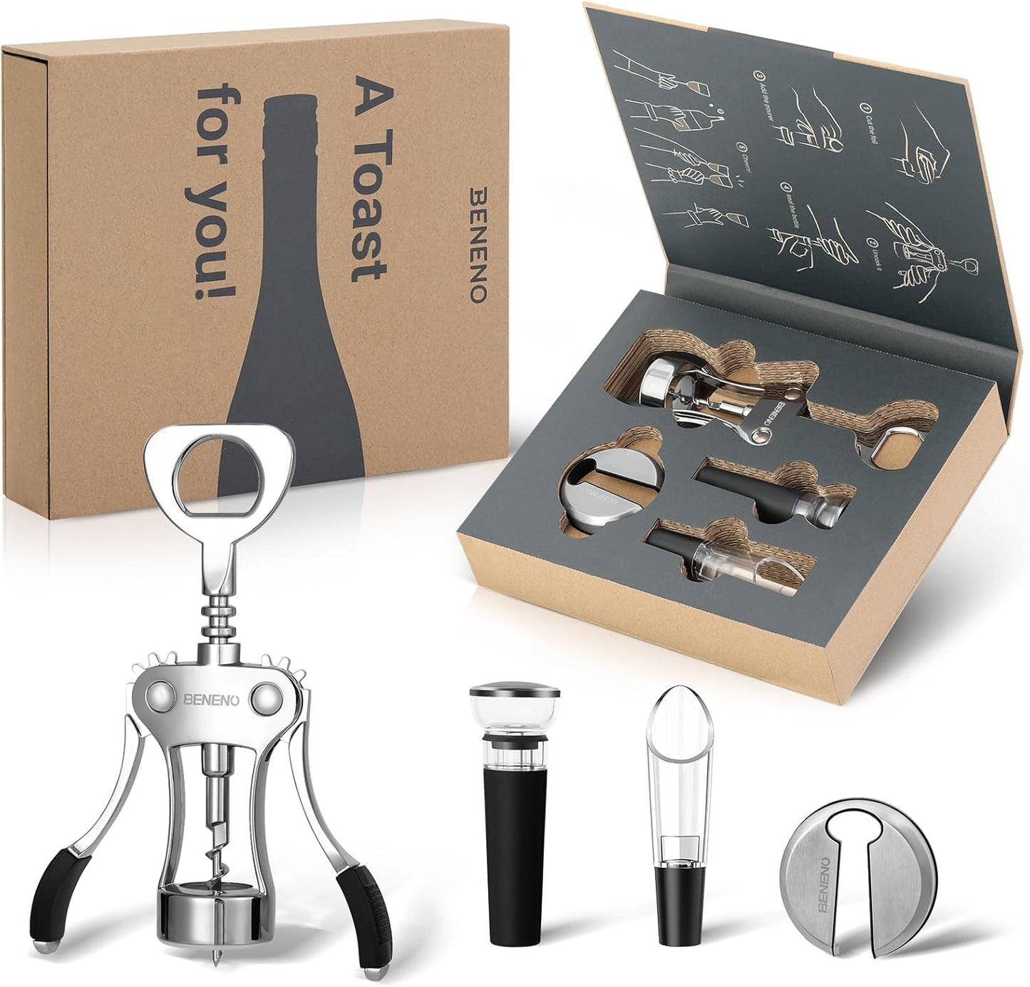 Beneno Wine Opener, Zinc Alloy Premium Wing Corkscrew with Multifunctional Bottles Opener, Sharp Wine Corkscrew with Ergonomic Non-Slip Wing Handle, Silver