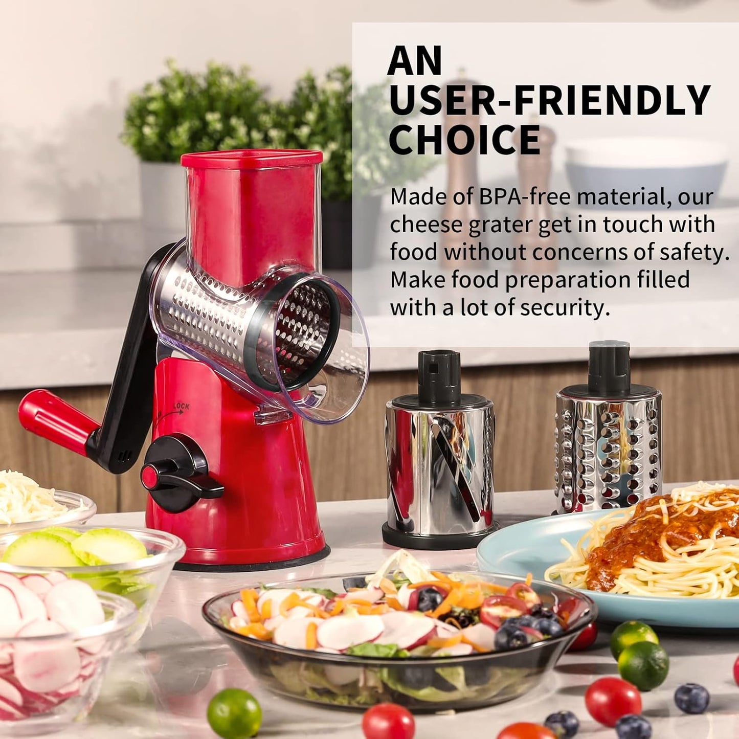 Rotary Cheese Grater, 3 in 1 Cheese Shredder Grater Rotary with Handle, Vegetable Mandoline Slicer Shredder for Vegetable, Cheese, Nut