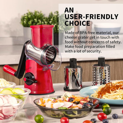Rotary Cheese Grater, 3 in 1 Cheese Shredder Grater Rotary with Handle, Vegetable Mandoline Slicer Shredder for Vegetable, Cheese, Nut