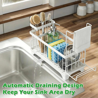 Sponge Holder for Kitchen Sink, Sink Caddy Organizer with Detachable Cloth & Brush Holder, Self-Draining Sponge Caddy Organizer with 360° Rotatable Spout, Kitchen Countertop Storage Accessories(White)