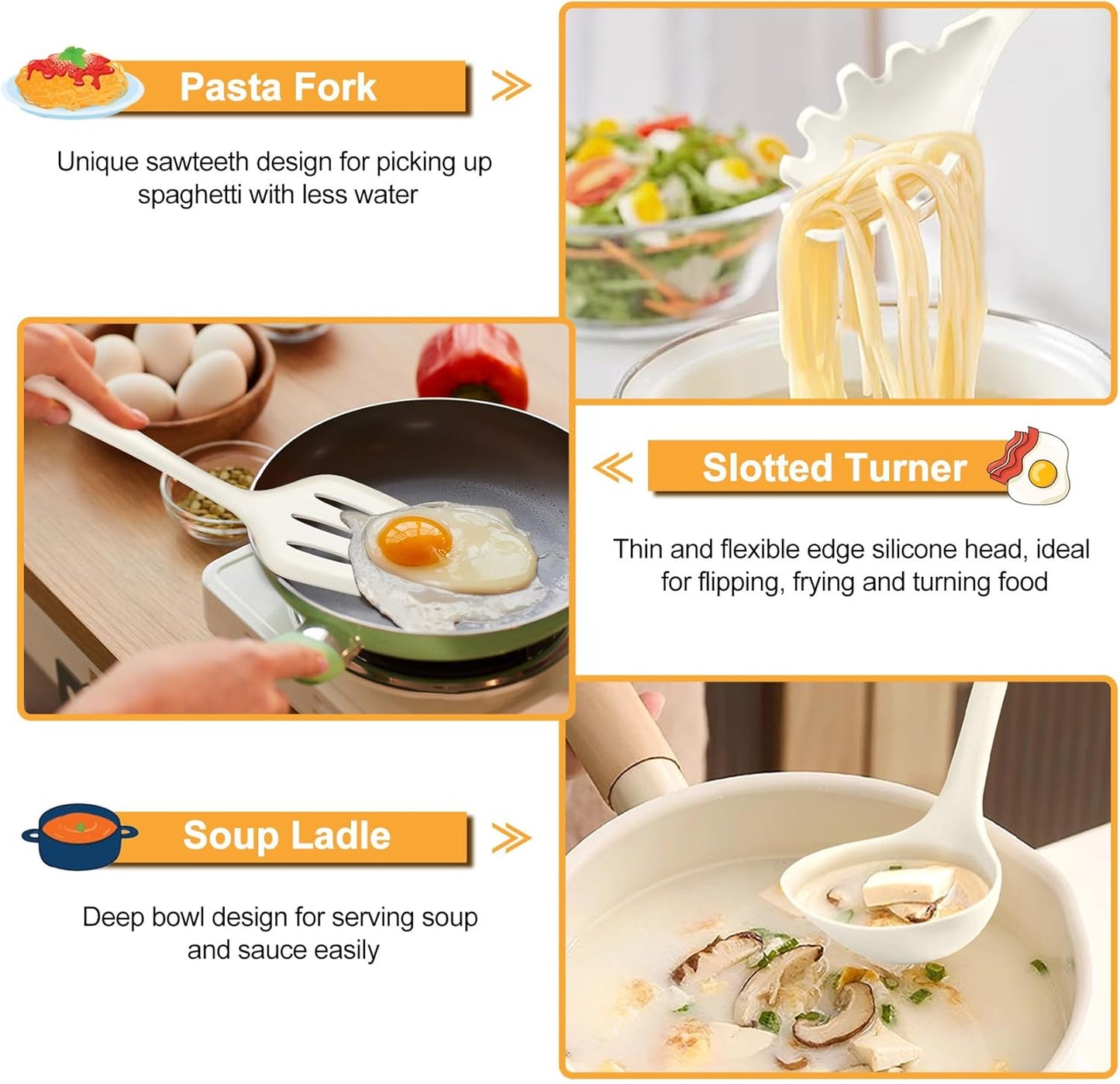 TeamFar Silicone Cooking Utensil Set of 7, Black Kitchen Nonstick Tools Turner Spoon Spatula Ladle Pasta Server for Nonstick Cookware, Healthy & One-Piece, Anti-Heat & Dishwasher Safe