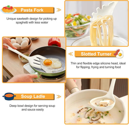 TeamFar Silicone Cooking Utensil Set of 7, Black Kitchen Nonstick Tools Turner Spoon Spatula Ladle Pasta Server for Nonstick Cookware, Healthy & One-Piece, Anti-Heat & Dishwasher Safe
