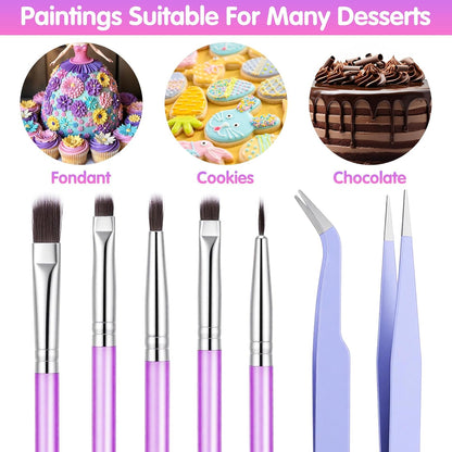 Sibba 7 PCS Food Paint Brushes with Elbow & Straight Tip Tweezer Set, Chocolate Candy Cookie Decorating Brushes Fondant Tools, DIY Cake Painting Pastry Baking Decoration Brush Kitchen Bakery Utensil