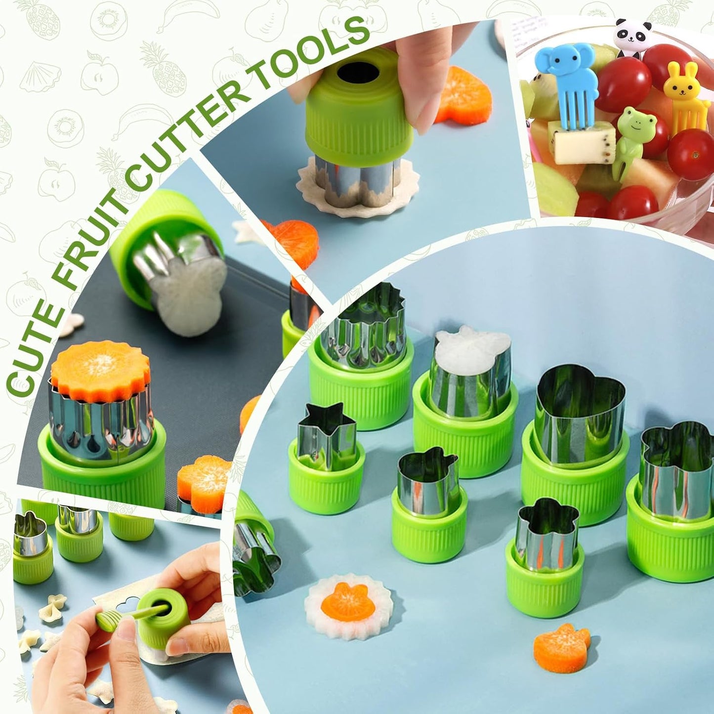 24 Pack Fruit Carving Tools Set Melon Baller Scoop Set, Vegetable Cutter Shapes with Cartoon Animals Food Picks for Kids Lunch, V Tool for Fruits Vegetable Sculpting