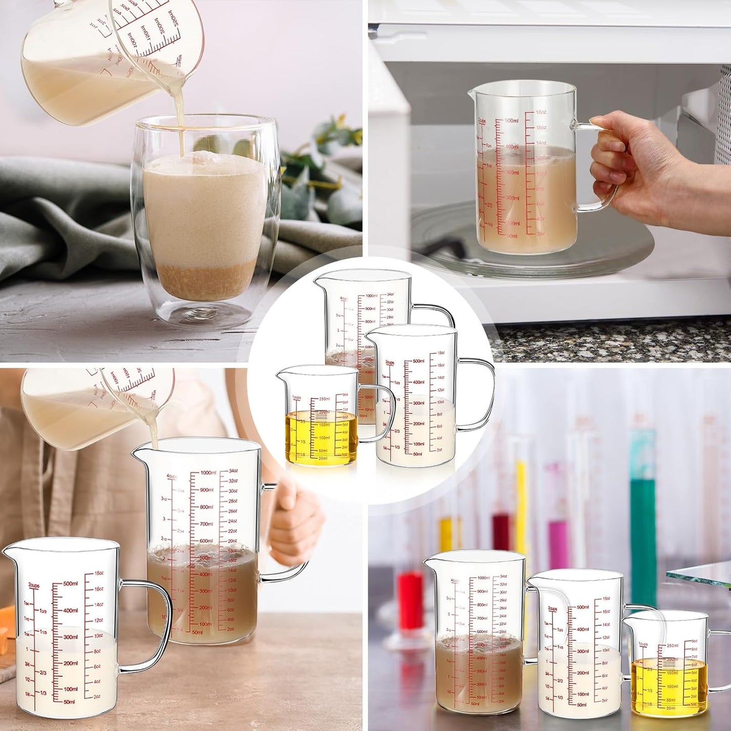 Lallisa 3 Pack High Borosilicate Glass Measuring Cups Set with Handle V Shaped Spout, 4, 2, 1 Cup 3 Scales (Oz, Cup, Ml) for Kitchen Restaurant Baking Cooking, Easy to Read, Clear(White Scale)