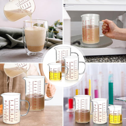 Lallisa 3 Pack High Borosilicate Glass Measuring Cups Set with Handle V Shaped Spout, 4, 2, 1 Cup 3 Scales (Oz, Cup, Ml) for Kitchen Restaurant Baking Cooking, Easy to Read, Clear(White Scale)