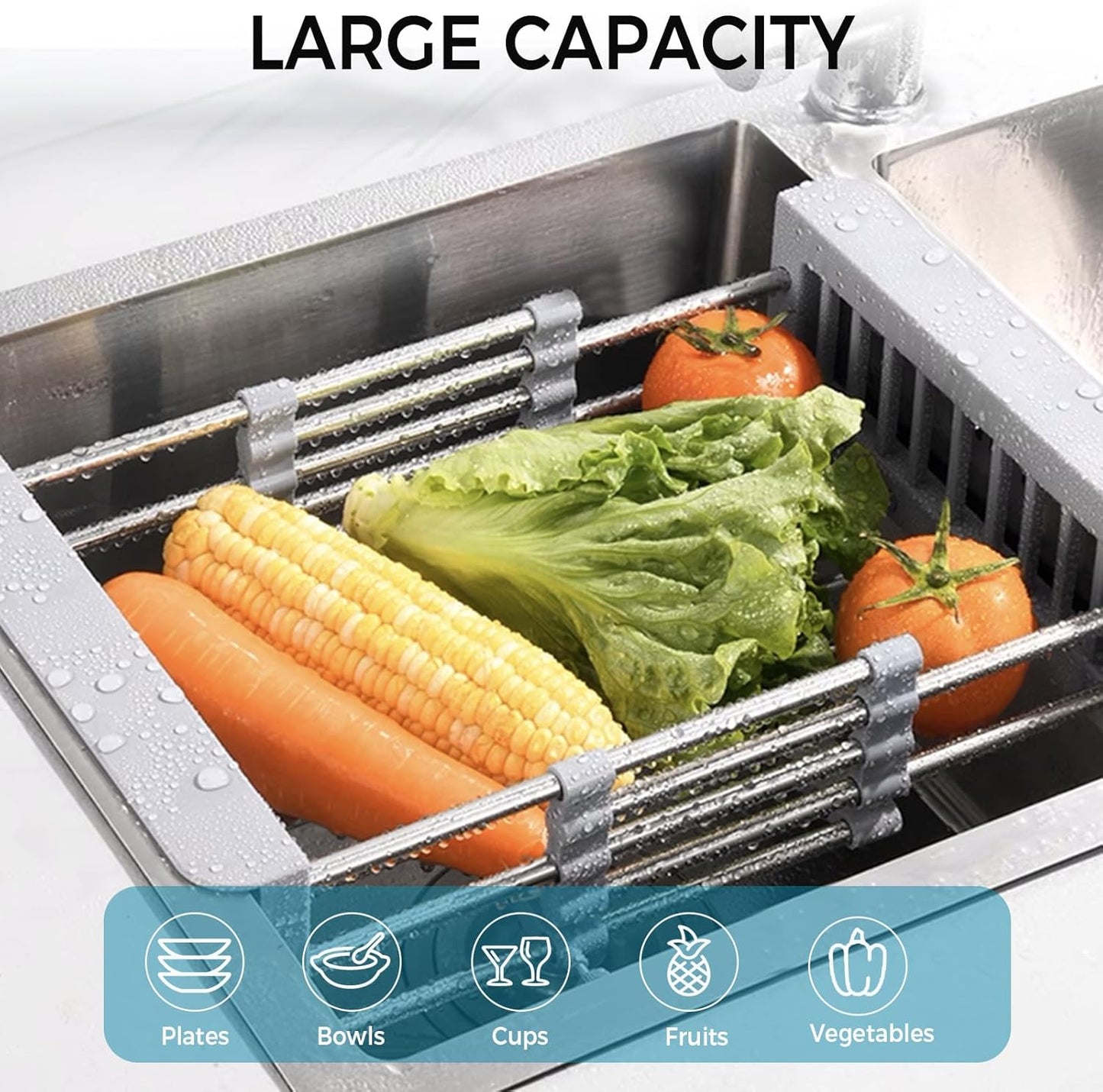 COVRA Stainless Steel Over-Sink Dish Drying Rack – Versatile Kitchen Organizer for 11″–19″ Square Sinks – Effortless Drying for Dishes, Fruits & Vegetables (Black)