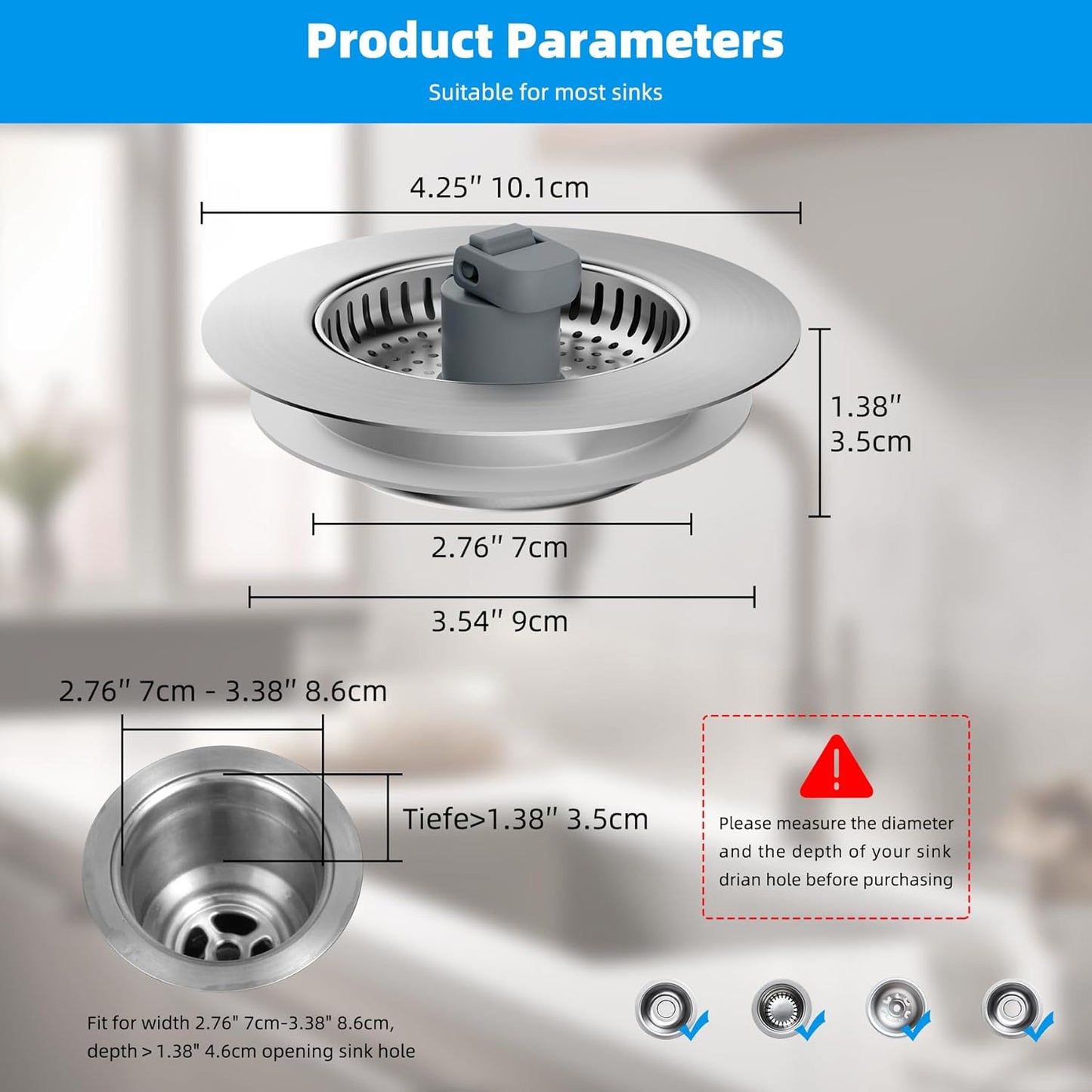 Hibbent Upgraded 3 in 1 Kitchen Sink Drain Strainer and Stopper Combo, Stainless Steel Metal Pop Up Sink Stopper, Anti-Clogging Basket with Foldable Handle for US Standard 3-1/2 Inch Drain