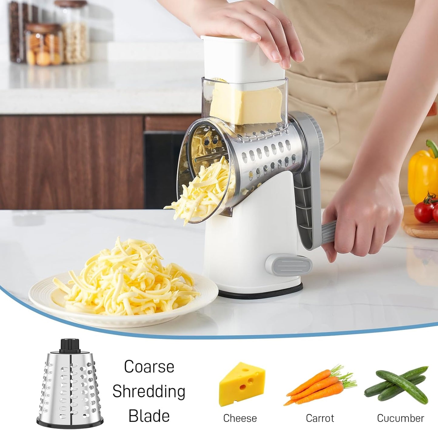 VEKAYA Rotary Cheese Grater Hand Crank with 4 Interchangeable Stainless Steel Blades, Large Manual Handle Shredder and Waffle Slicer for Vegetables, Cheese and Nuts with Table Suction Base(Blue)