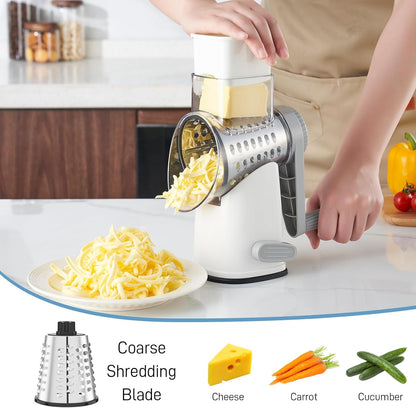 VEKAYA Rotary Cheese Grater Hand Crank with 4 Interchangeable Stainless Steel Blades, Large Manual Handle Shredder and Waffle Slicer for Vegetables, Cheese and Nuts with Table Suction Base(Blue)