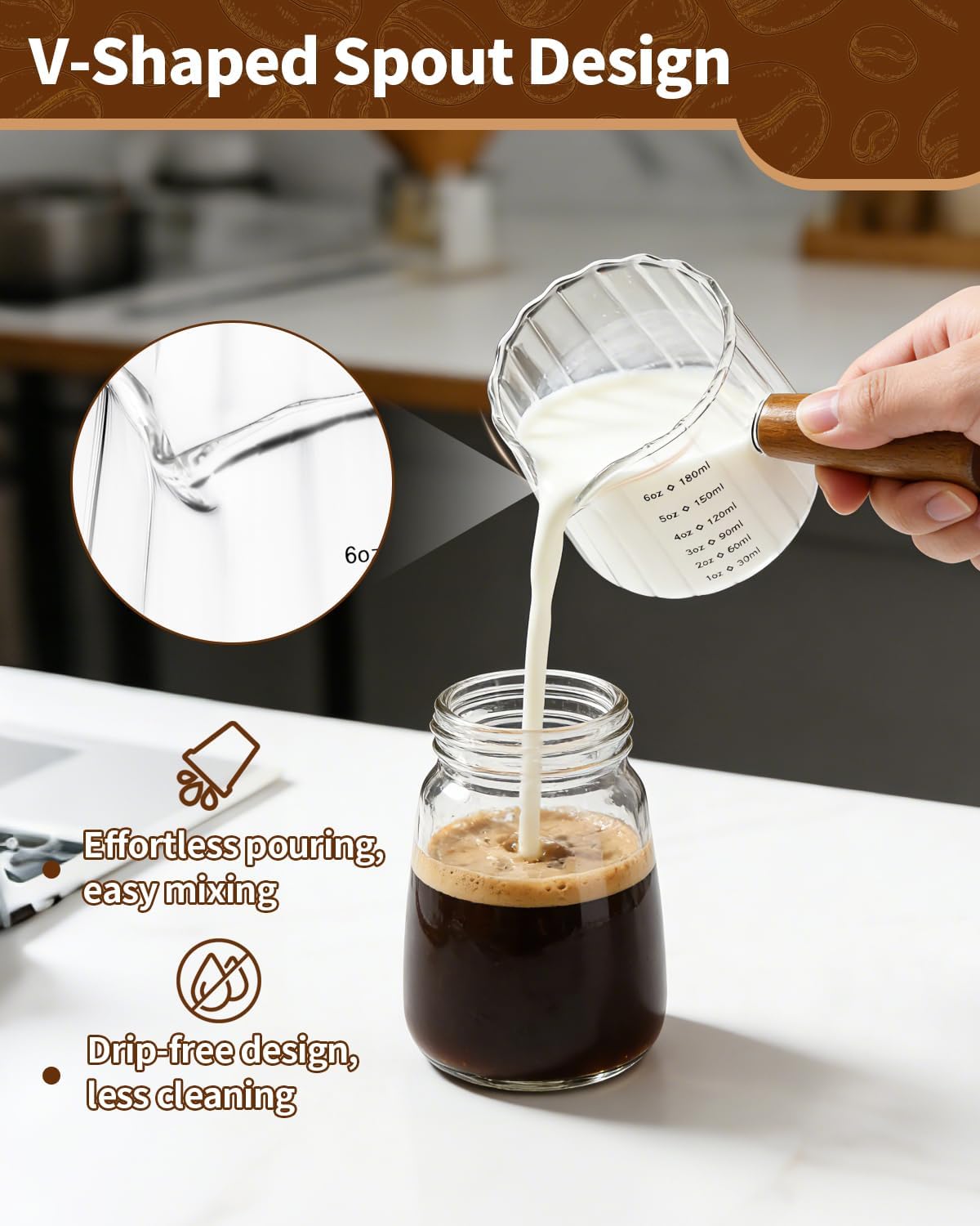 2 Pack Espresso Measuring Cup, 6oz Borosilicate Glass Espresso Cups with Wood Handle, V-Shaped Spout Milk Frothing Cup for Coffee, Tea, Syrup – Dishwasher Safe