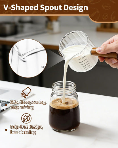 2 Pack Espresso Measuring Cup, 6oz Borosilicate Glass Espresso Cups with Wood Handle, V-Shaped Spout Milk Frothing Cup for Coffee, Tea, Syrup – Dishwasher Safe