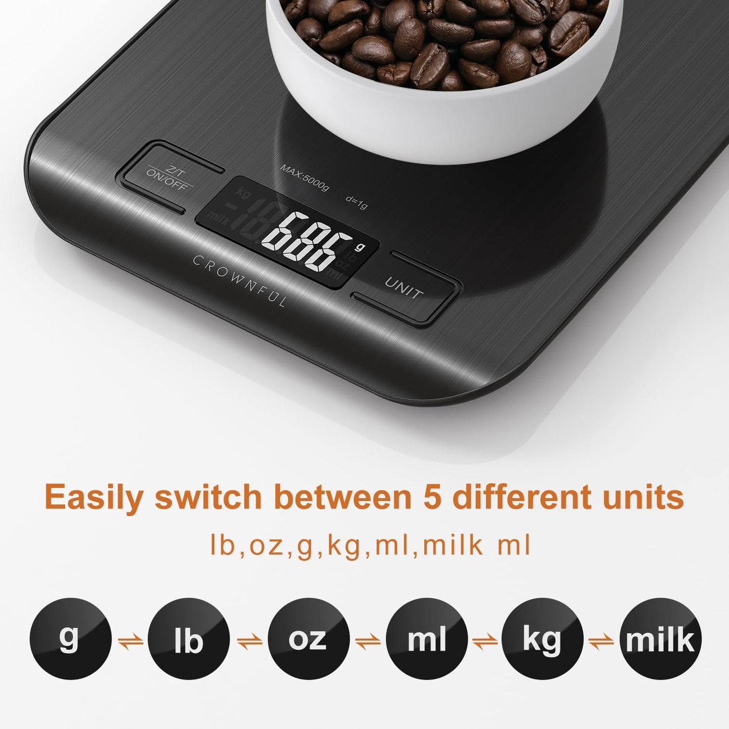 CROWNFUL Food Scale, 11 lb Digital Kitchen Scales with Built-in Coin Battery, Weight Ounces and Grams for Cooking and Baking, 6 Units with Tare Function, LCD Display, 304 Stainless Steel
