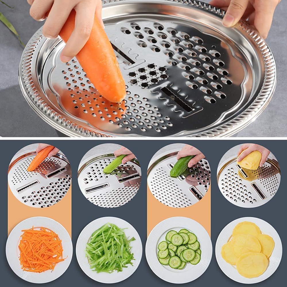 Germany Multifunctional Stainless Steel Basin, 2026 New 3 in 1 Multifunctional Stainless Steel Basin Strainer Set with Grater, Strainer Drain Basket for Rinsing Draining Mixing (S (10.24in))