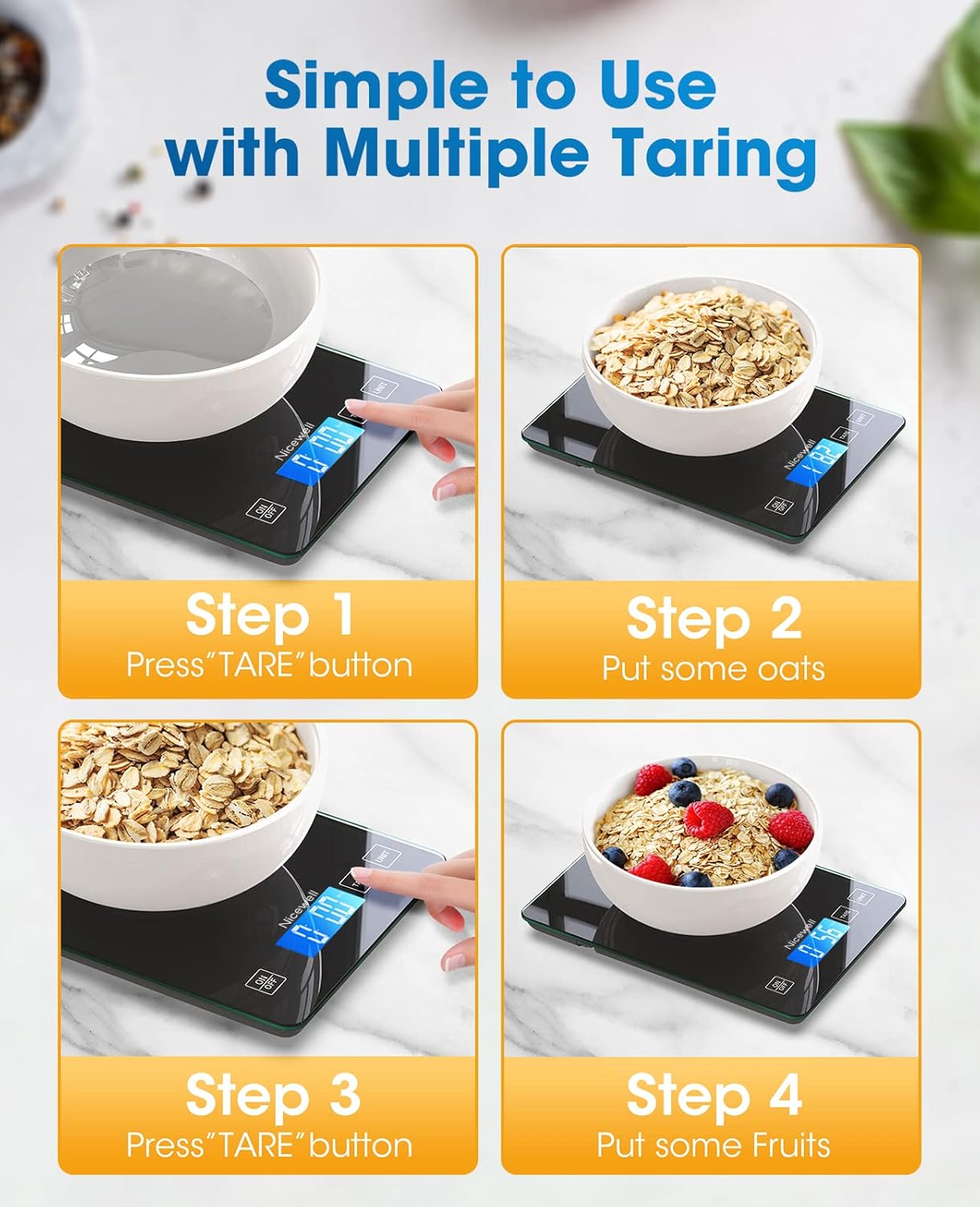 Nicewell Food Scale, 22lb Digital Kitchen Scale Weight Grams and oz for Cooking Baking, 1g/0.1oz Precise Graduation, Stainless Steel and Tempered Glass