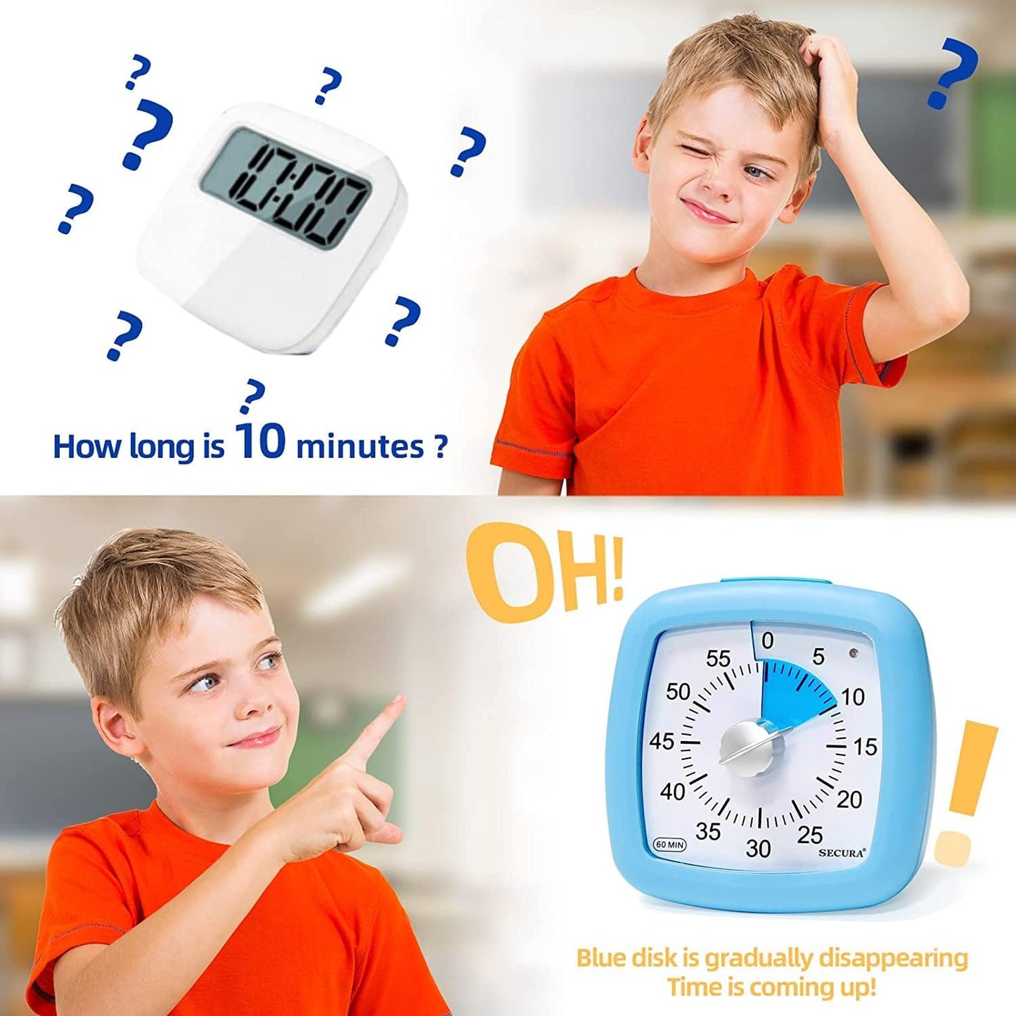 Secura 60-Minute Visual Timer, Silent Study Timer for Kids and Adults, Time Clocks, Time Management Countdown Timer for Teaching (Navy Blue & Navy Blue)