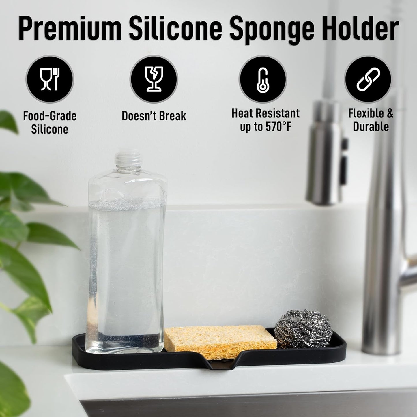 Zulay Kitchen (9x3.5in Sponge Holder for Kitchen Sink - Flexible Heavy-duty Multipurpose Sink Caddy - Counter Organizer for Kitchen, Bathroom, Makeup, Trinkets & More! (Grey)