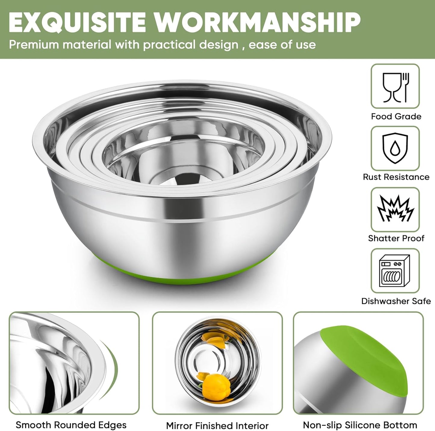 TeamFar Mixing Bowls with Lids Set, 7/3.5/2.5/1.5/1 QT, Stainless Steel Large Red Nesting Metal Salad Mixing Bowl Set of 5, Healthy & Easy Clean, Airtight Lid & Non-slip Bottom