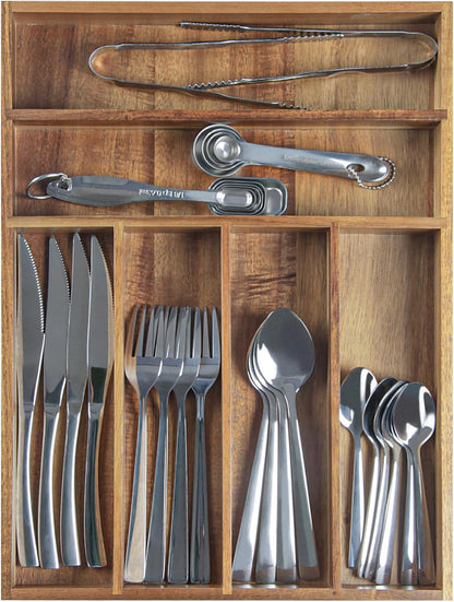 KITEISCAT Acacia Wood Expandable Silverware Organizer, Kitchen Utensil Drawer Organizer for Forks & Spoons, 8-Compartment Cutlery Tray, Flatware Holder