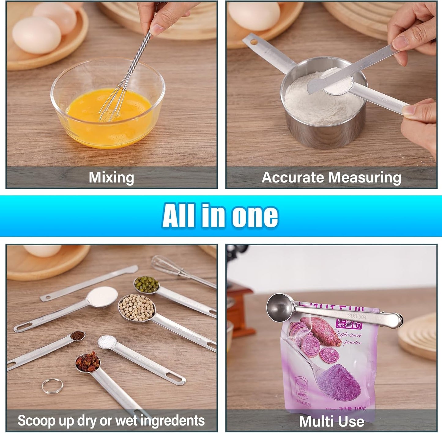 14 Piece Measuring Cups and Spoons Set Stainless Steel - 5 Nesting Measuring Cups & 6 Measuring Spoons, 1 Coffee Scoop & 1 Leveler & 1 Mini Blender for Cooking Baking
