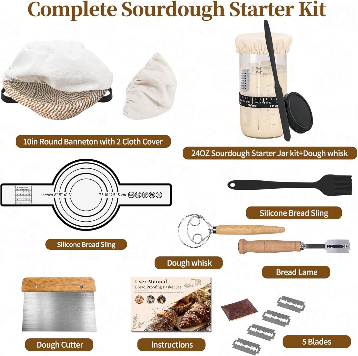 Sourdough Starter Kit, Banneton Proofing Basket 10" Round, Sourdough Bread Baking Supplies With Starter Jar, Bread Sling&Lame, Danish Dough Whisk Sour Dough Kits Gifts for Bakers Women Wife Mom