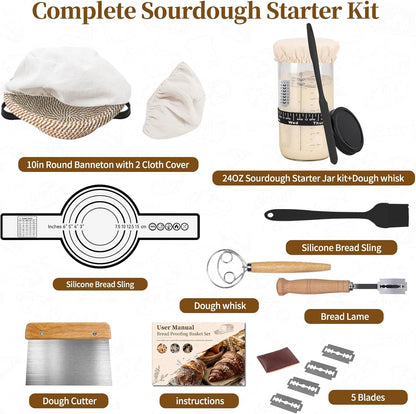 Sourdough Starter Kit, Banneton Proofing Basket 10" Round, Sourdough Bread Baking Supplies With Starter Jar, Bread Sling&Lame, Danish Dough Whisk Sour Dough Kits Gifts for Bakers Women Wife Mom