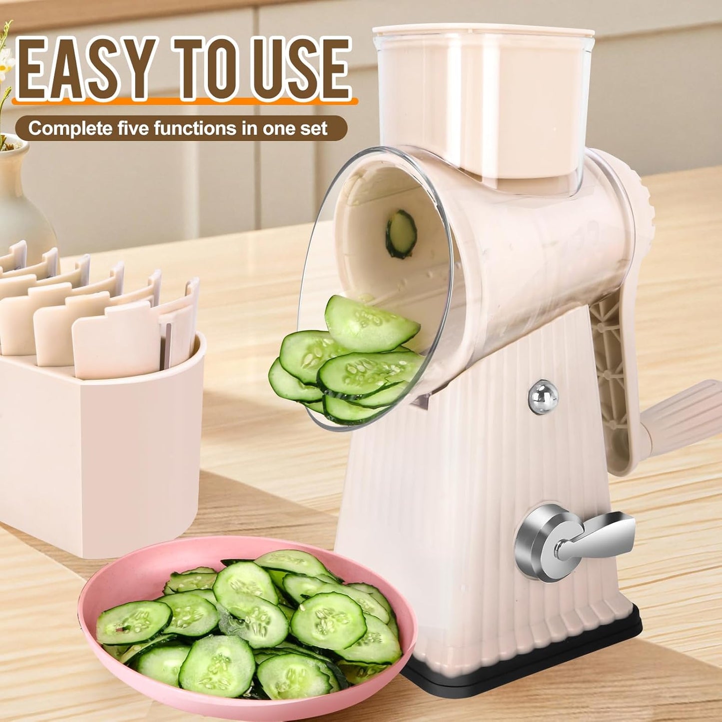 Rotary Cheese Grater with 5 Well-designed Blades & Strong Suction Base, Kitchen Mandoline Vegetable Slicer with Blade Storage Box (GREEN)