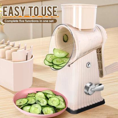 Rotary Cheese Grater with 5 Well-designed Blades & Strong Suction Base, Kitchen Mandoline Vegetable Slicer with Blade Storage Box (GREEN)