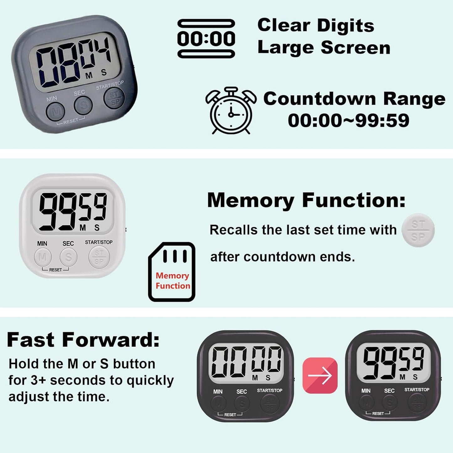 6-Pack Digital Kitchen Timer, 99-Min 59-Sec Countdown & Stopwatch, Loud 100dB Alarm, Strong Magnet, Power-Saving On/Off Switch, Time Memory, Classic Colors, Multiple Placements, Batteries Included