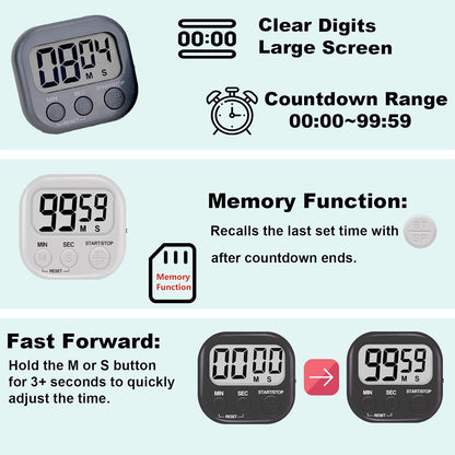 6-Pack Digital Kitchen Timer, 99-Min 59-Sec Countdown & Stopwatch, Loud 100dB Alarm, Strong Magnet, Power-Saving On/Off Switch, Time Memory, Classic Colors, Multiple Placements, Batteries Included