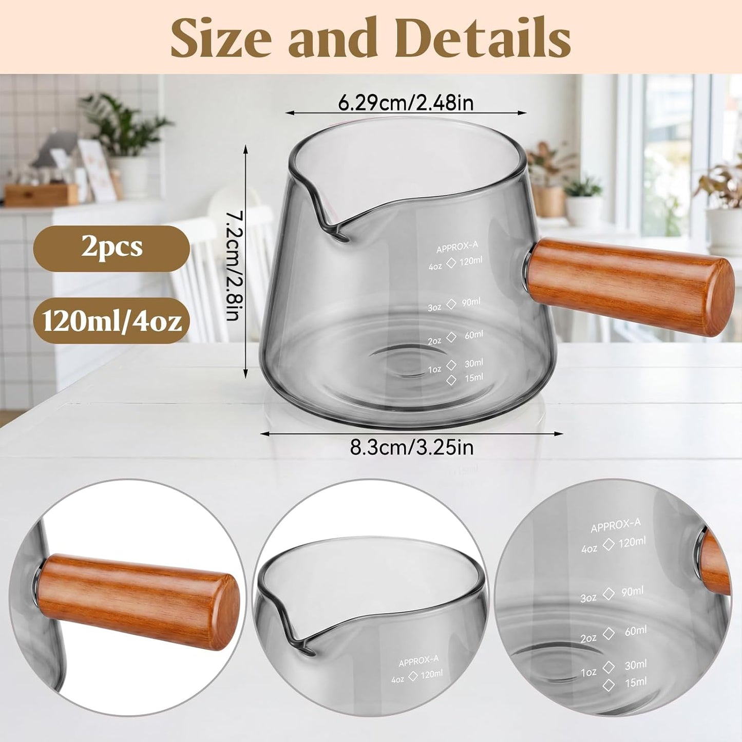 Willinglong 2 Pcs Espresso Cups, 4 oz Espresso Shot Glasses with V-shaped Spouts and Handle, Small Cute Glass Measuring Cup, Milk Frothing Pitcher for Coffee Bar Accessories(Black)